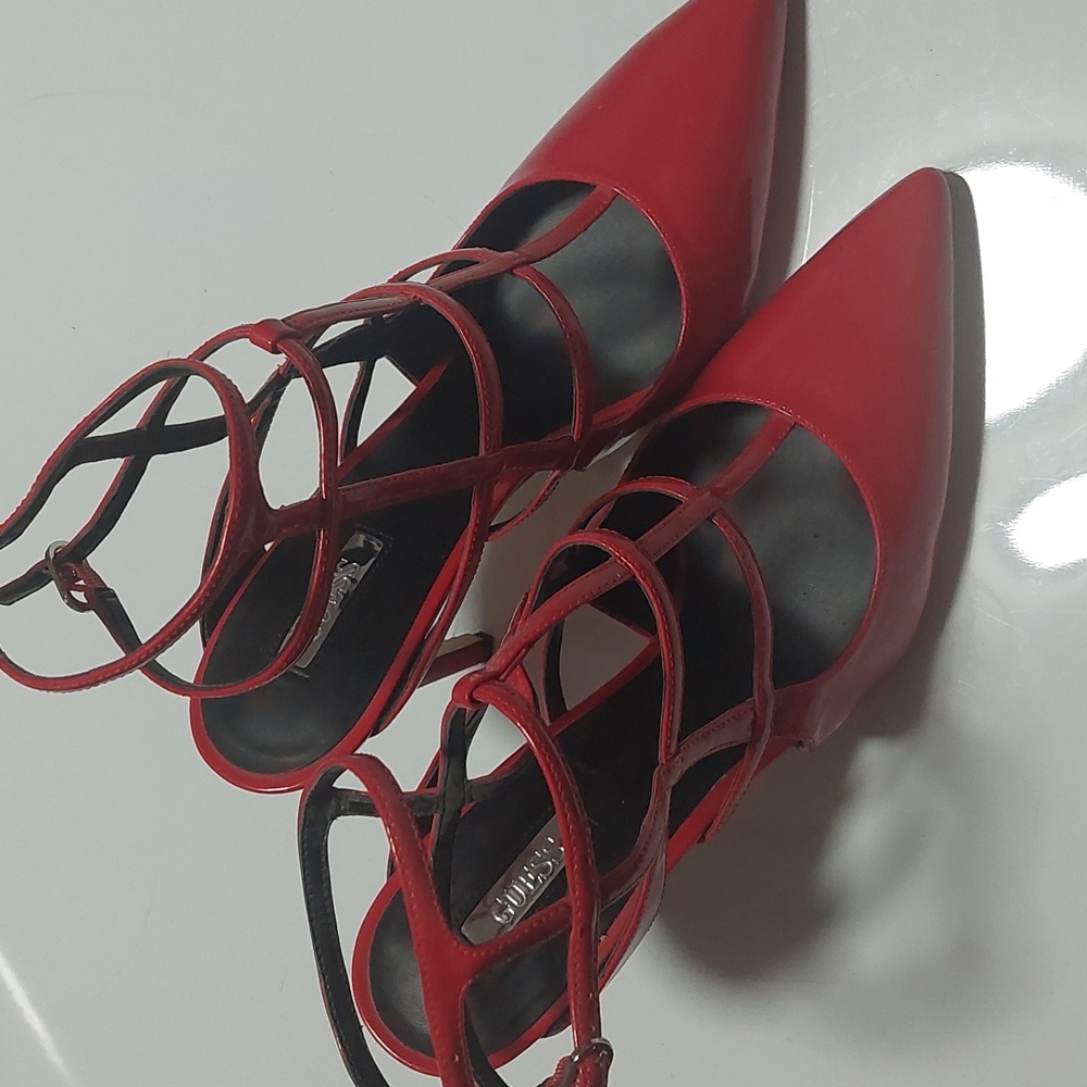 Guess open back ankle strap pumps in red with 4.5 inch heels